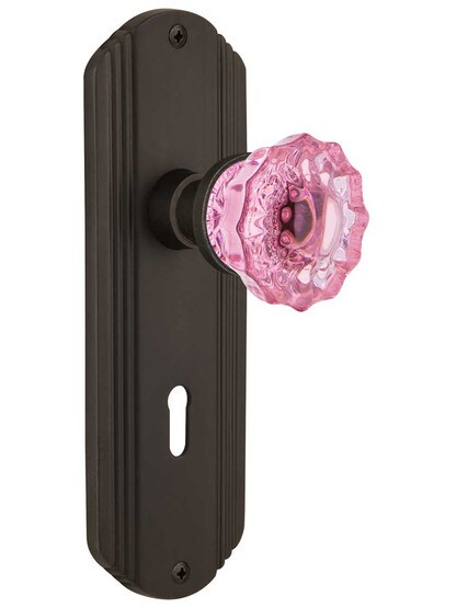 Streamline Deco Mortise Lock Set with Colored Fluted Crystal Glass Knobs Pink in Oil-Rubbed Bronze.